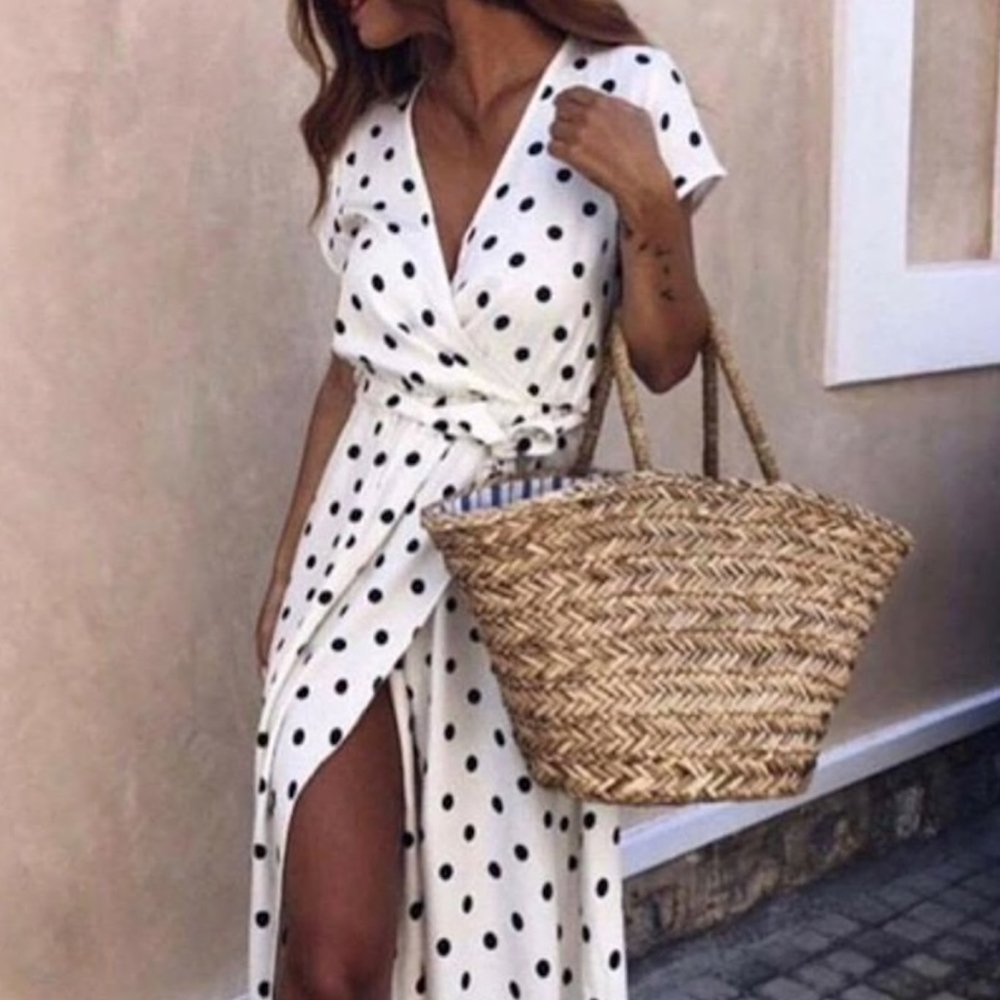 Maxi Wrap Polka Dot Belted White Summer Dress - Picture 2 of 6